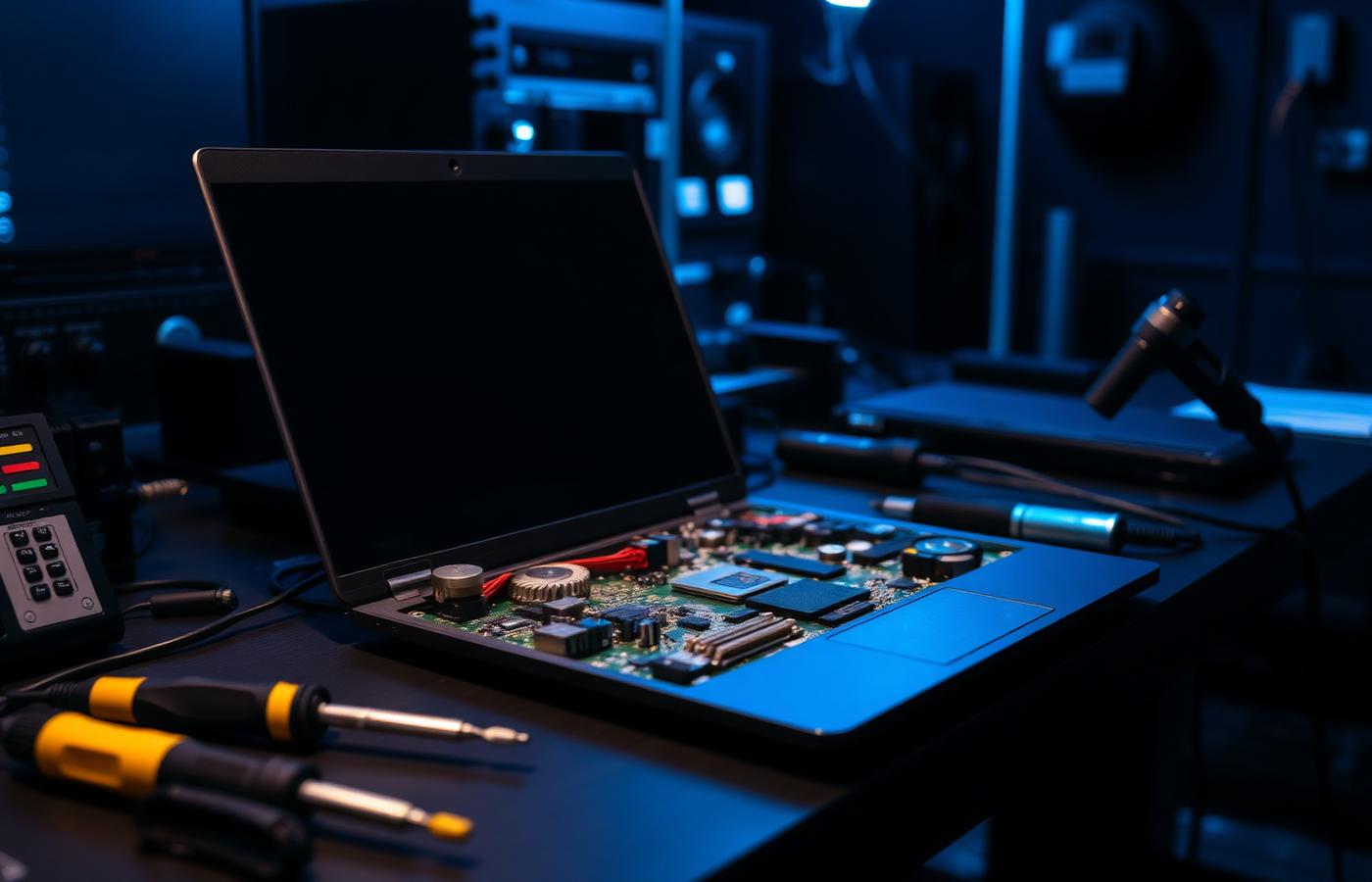 Il banco di lavoro del laboratorio Eurinformatica con un notebook aperto in riparazione